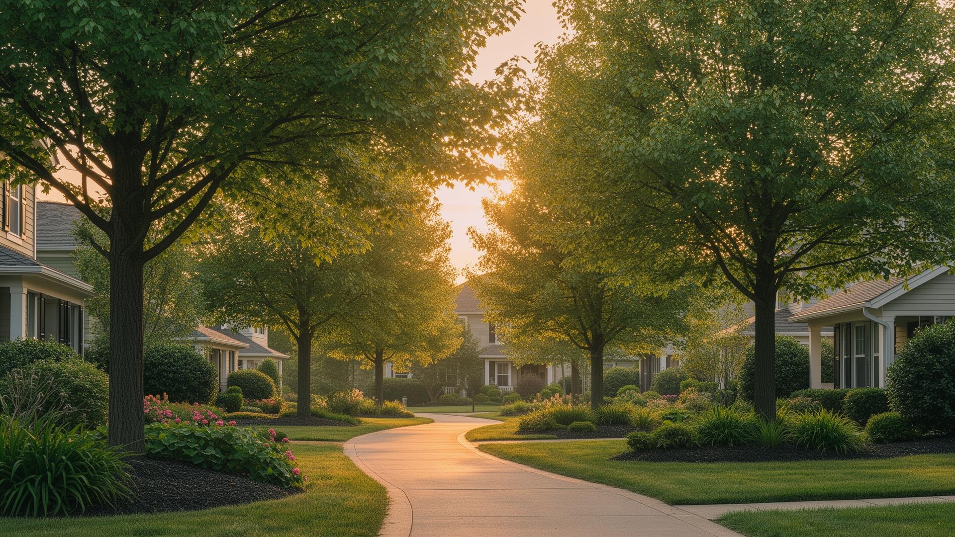 Tree-lined walking path through the Crosscroft neighborhood at sunset
